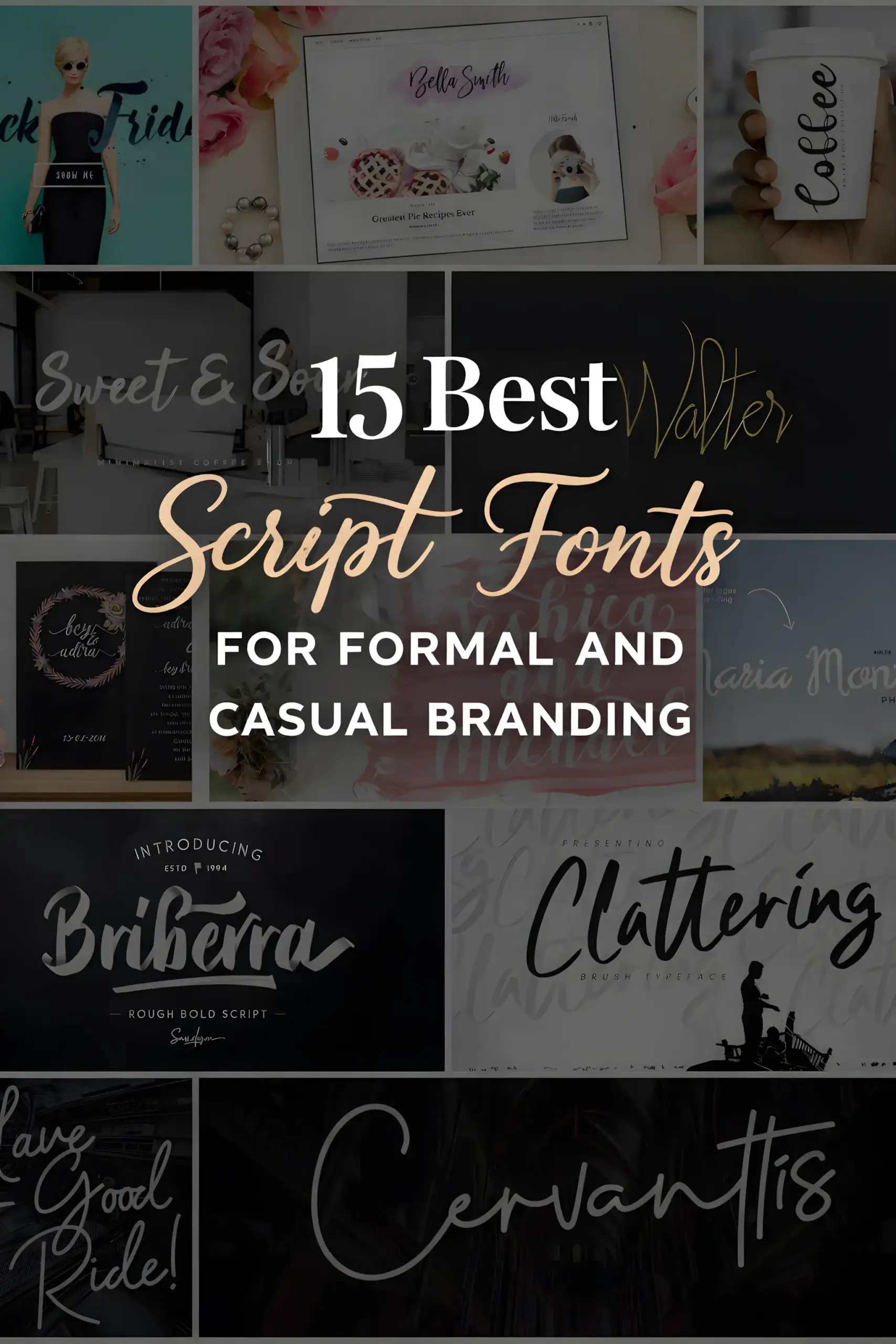 Luxury branding typography collage in bold yellow, black, white and red tones, featuring modern script and display font posters, packaging mockups, and editorial design layouts.