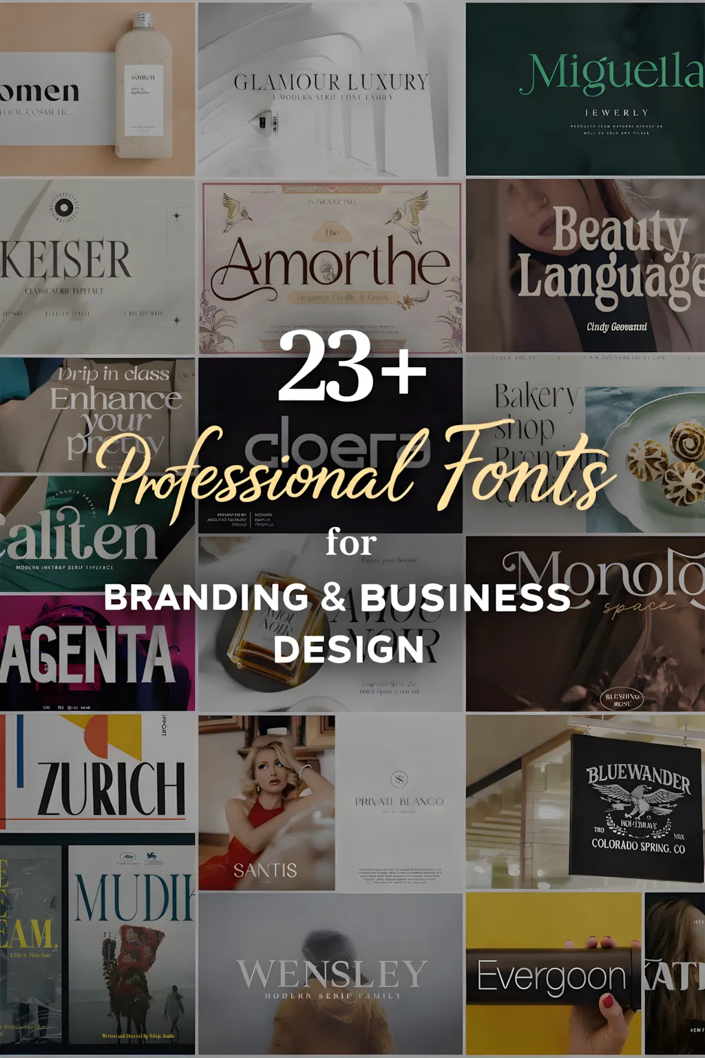 Serif font inspiration collage featuring luxury typography, modern elegant typefaces, and branding mockups for logos and editorial design.