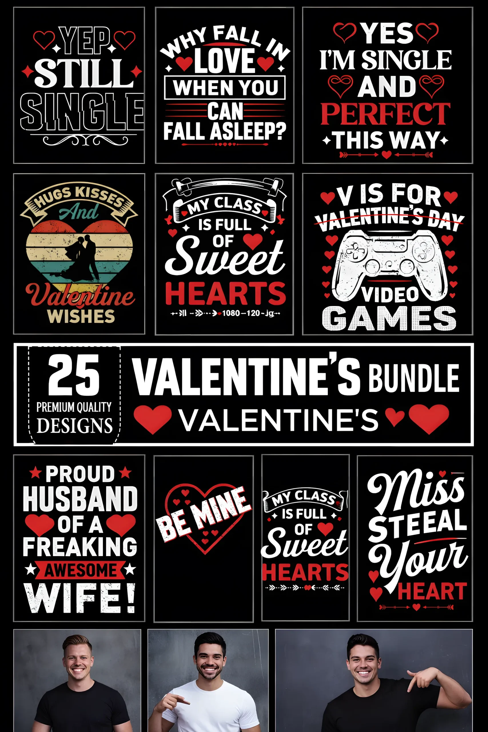 Valentine’s Day T-Shirt Design Bundle for POD Sales 3 Valentine t-shirt designs bundle for print on demand sales