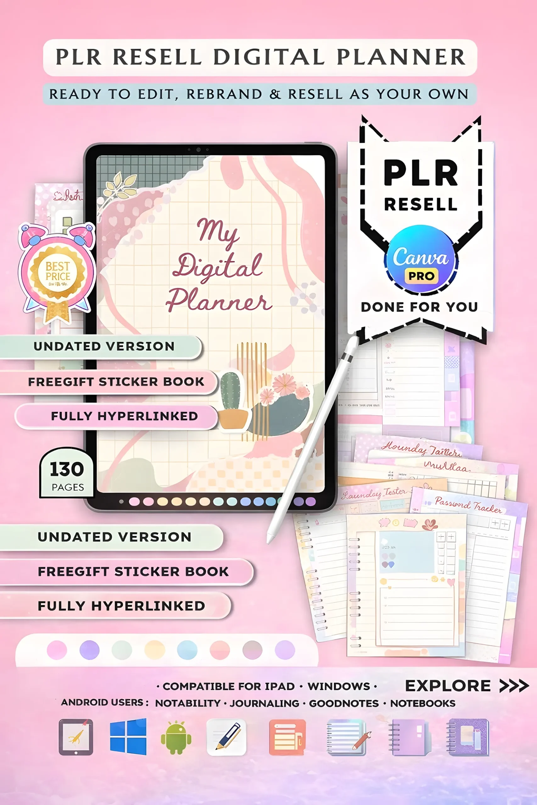 PLR undated digital planner cover for resell and branding