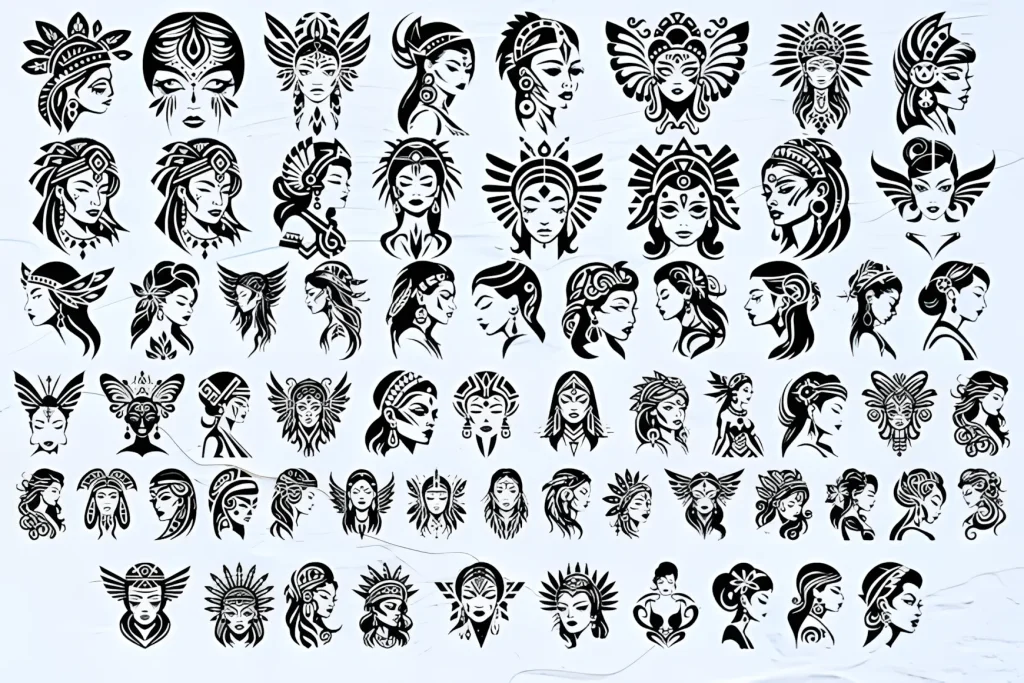 Pin-up Tribal Girl Font: Retro Dingbats With Tattoo Style 10 Pin-up Tribal Girl Font tribal tattoo pin up icons for stickers and decals