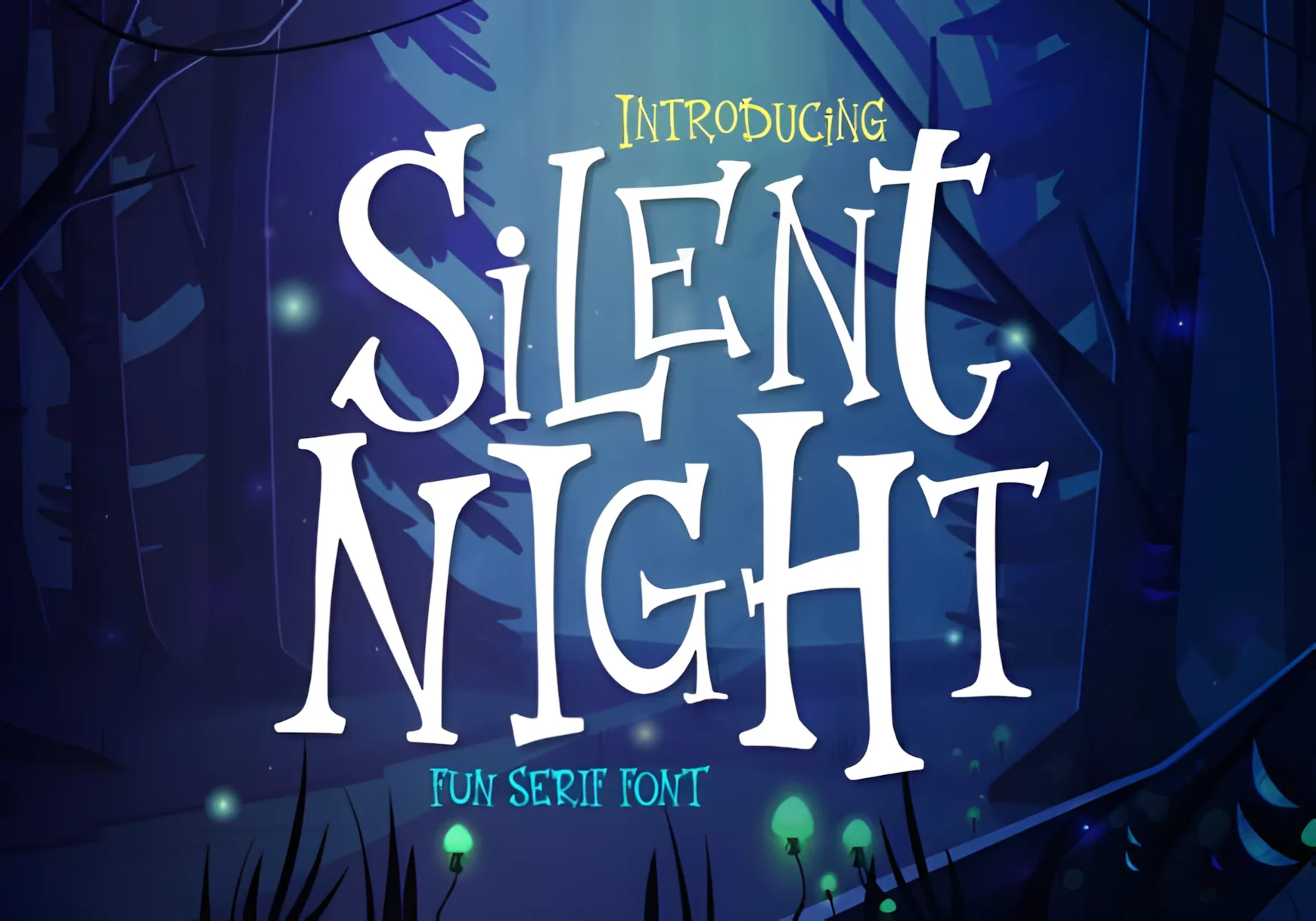 Silent Night Font preview featuring a whimsical serif typeface with playful letterforms, inspired by a magical forest night atmosphere, suitable for Halloween designs, seasonal typography, spooky yet warm branding, and festive creative projects.