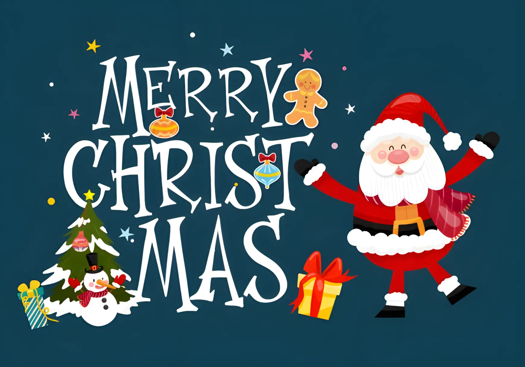 Silent Night Font: A Seasonal Typeface for Holiday Design 6 Christmas lettering example created with Silent Night Font, featuring playful serif typography alongside Santa Claus and festive illustrations, perfect for holiday cards and seasonal designs.