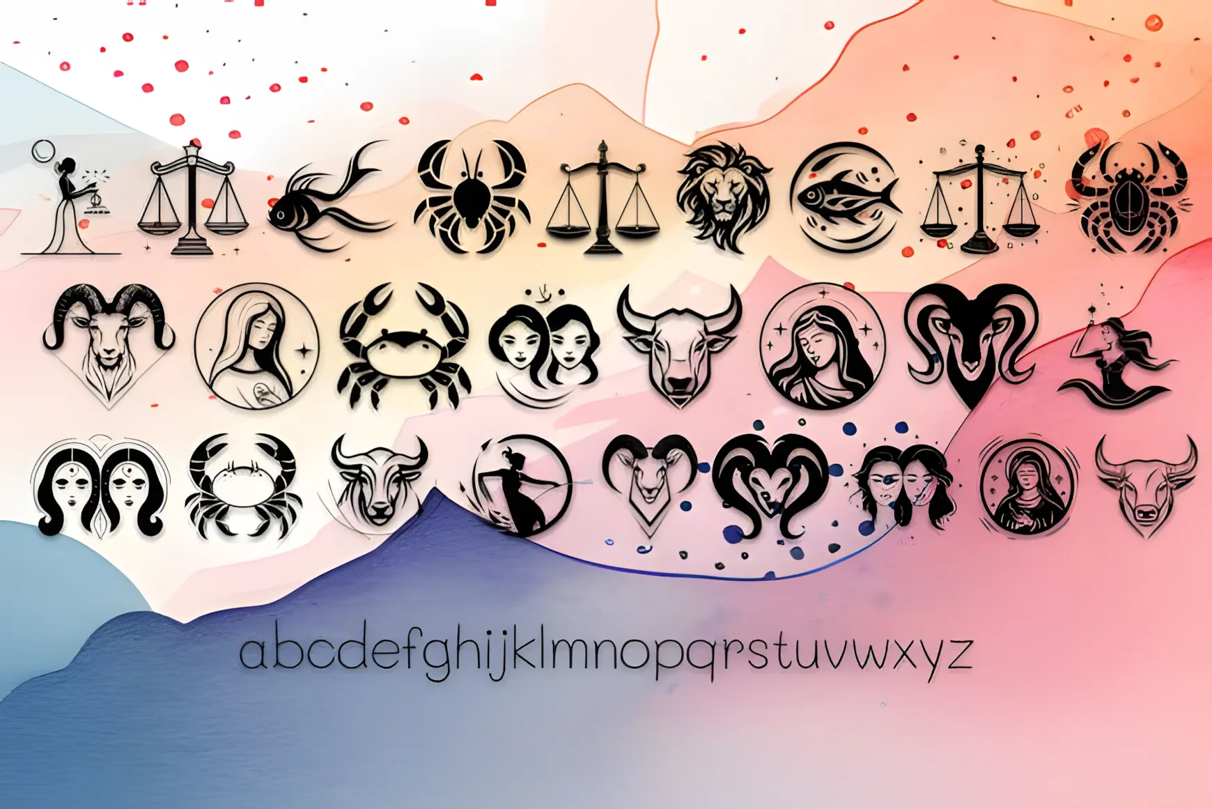 The 12 Signs of the Zodiac Font: Celestial Dingbats Set 5 The 12 Signs of the Zodiac Font celestial dingbats for posters and prints