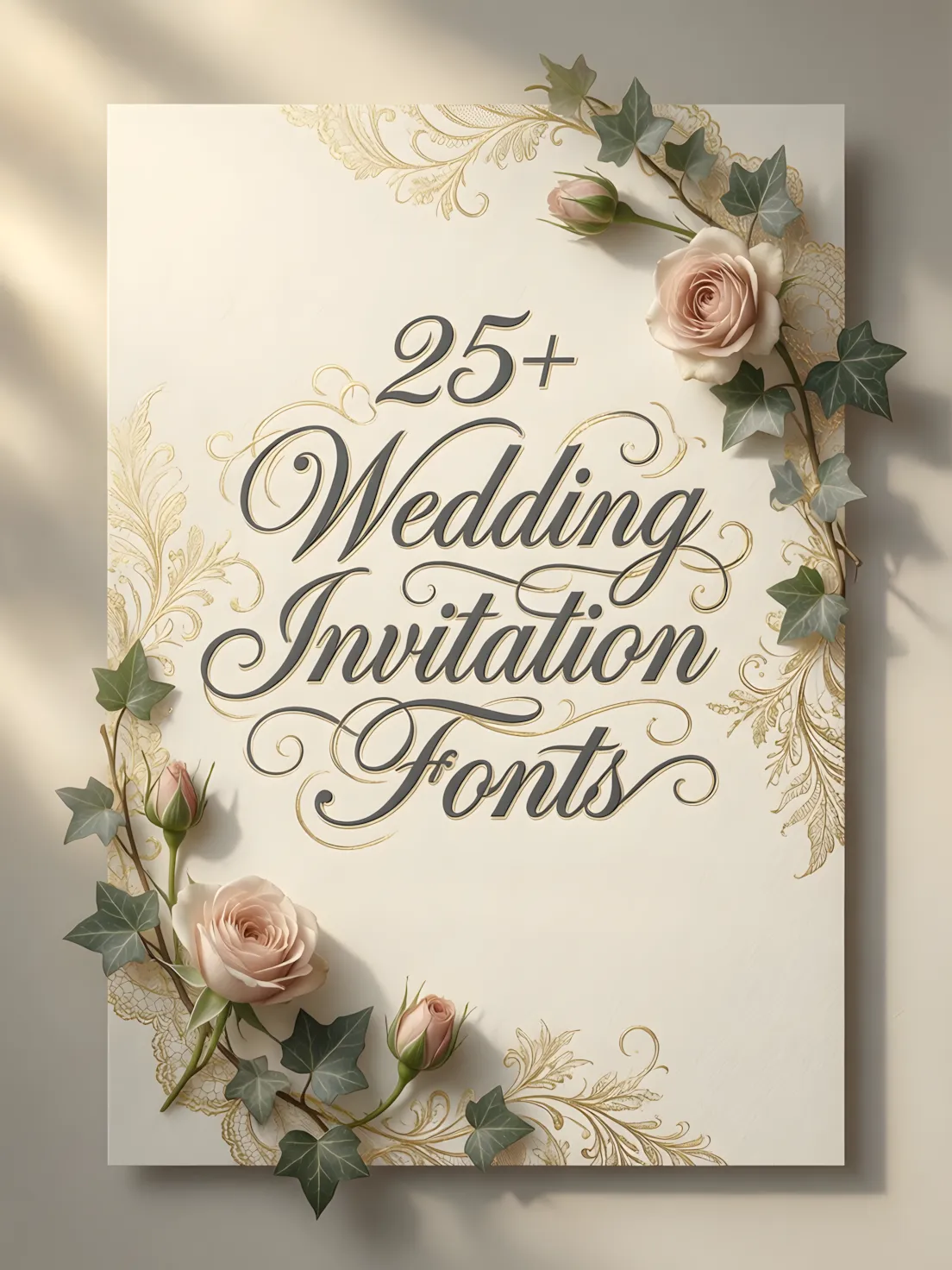Best wedding invitation fonts — elegant calligraphy and script typography cover with roses, ivy, and classic vintage ornaments.