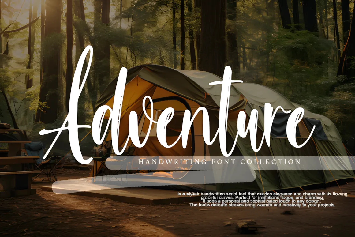 Adventure handwriting font collection featuring elegant handwritten script typography displayed on a camping and outdoor nature background.
