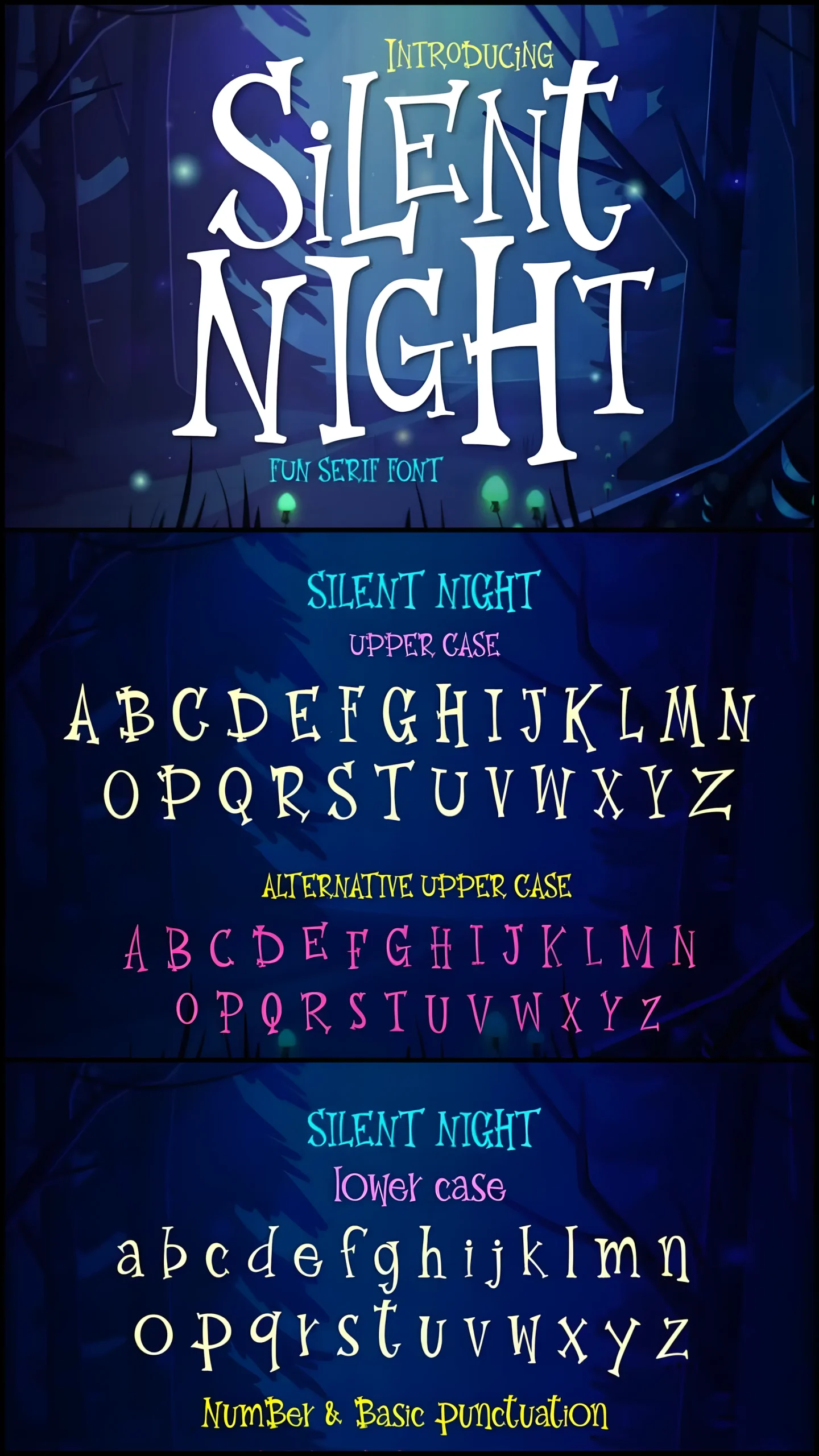 Silent Night Font: A Seasonal Typeface for Holiday Design 5 Silent Night Font showcase featuring a whimsical serif typeface set in a magical forest night scene, ideal for seasonal typography, Halloween designs, and warm festive branding.