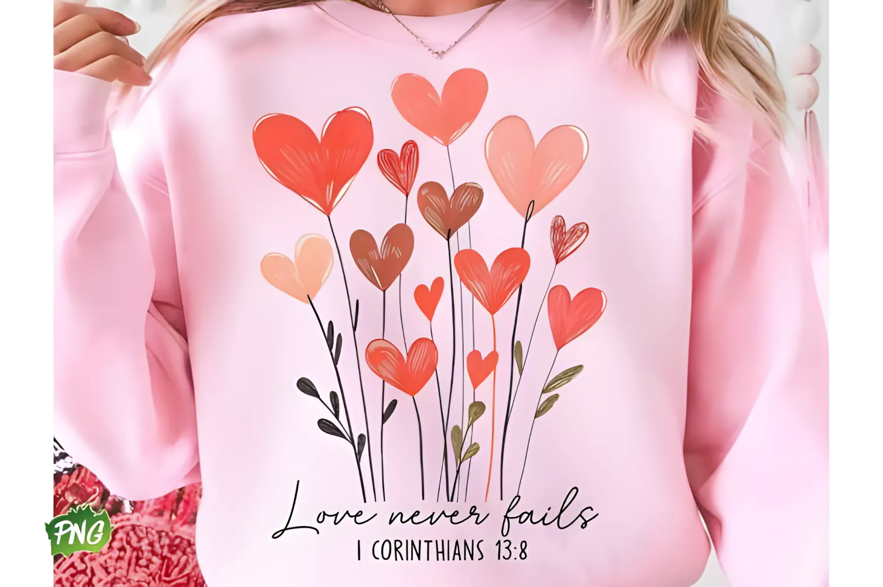 Love Never Fails PNG for Faith-Based Valentine Gifts 5 Love Never Fails bible verse PNG on Christian Valentine t-shirt mockup