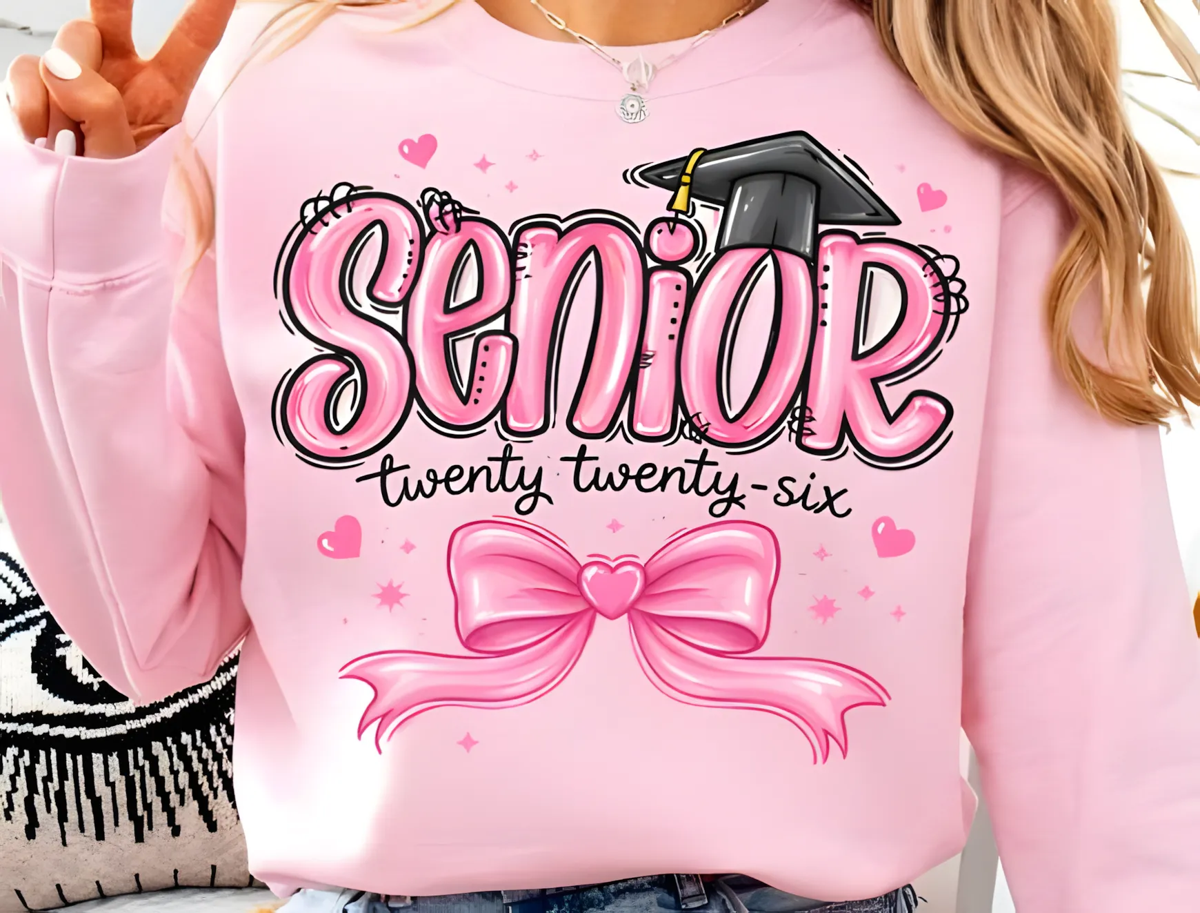 Senior 2026 PNG girly graduation design with pink bow and cap