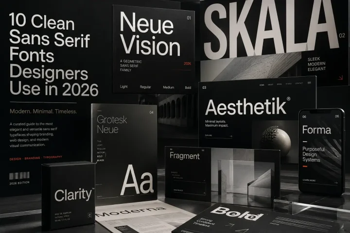 Modern editorial collage featuring clean sans serif fonts, minimalist typography layouts, branding mockups, and contemporary web design inspiration in 2026.