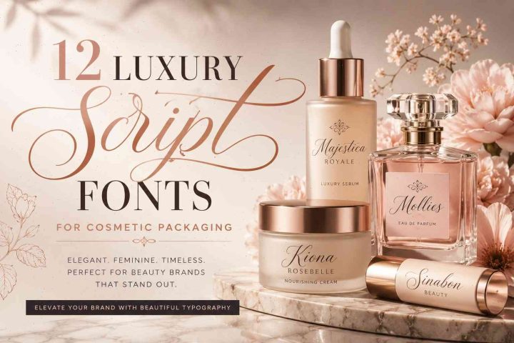 Luxury script fonts for cosmetic packaging shown on elegant beauty product labels and perfume branding