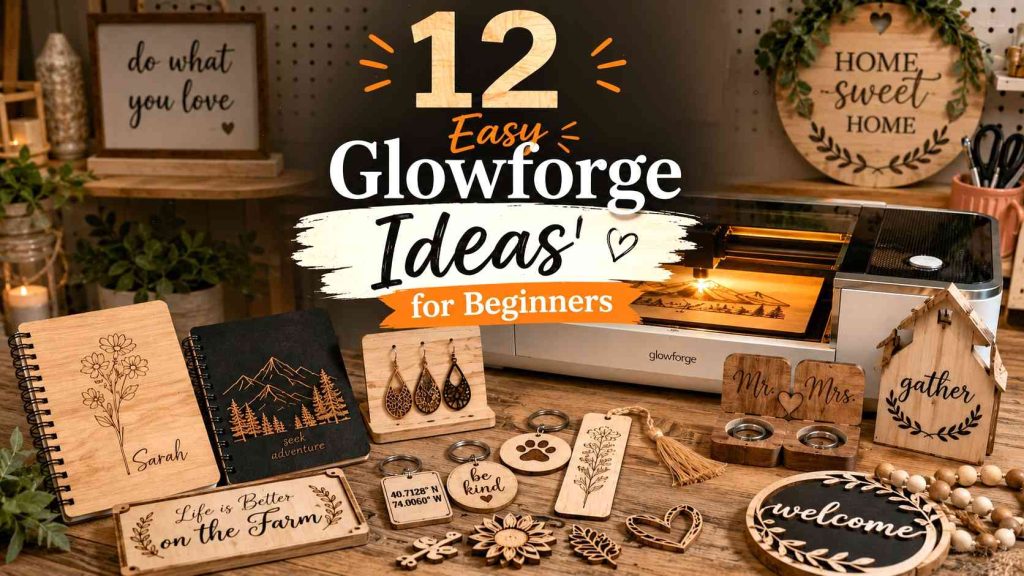 Beginner-friendly Glowforge laser-cut products including earrings, signs, bookmarks, and keychains displayed for Etsy selling inspiration.