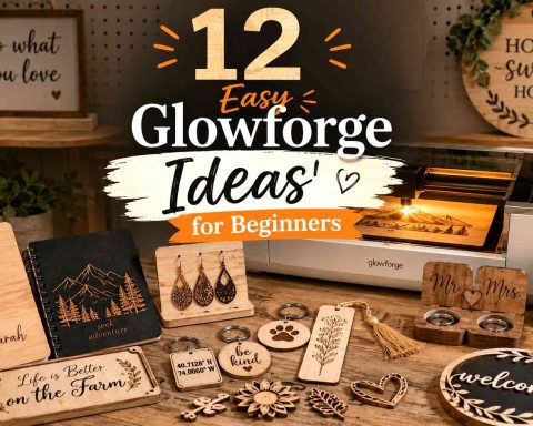 Beginner-friendly Glowforge laser-cut products including earrings, signs, bookmarks, and keychains displayed for Etsy selling inspiration.