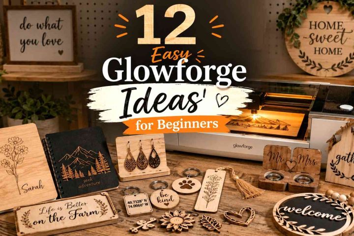 Beginner-friendly Glowforge laser-cut products including earrings, signs, bookmarks, and keychains displayed for Etsy selling inspiration.