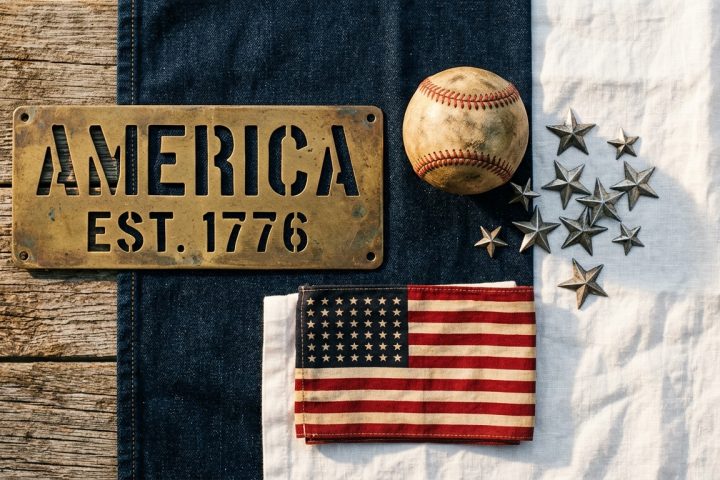 A high-end editorial flat-lay photograph capturing the essence of Americana and patriotic design. The composition features a variety of textures representing different design styles: a weathered rustic wooden surface, a piece of dark indigo denim, and a crisp white linen cloth. Arranged on these surfaces are iconic American symbols and design artifacts: a classic metal stencil plate, a vintage leather baseball with prominent red stitching, a cluster of metallic silver stars, and a small, neatly folded cotton flag. The scene is bathed in the warm, golden light of a late summer afternoon, creating soft, long shadows that emphasize the textures. The color palette is a sophisticated mix of deep navy, vibrant scarlet, and creamy parchment. The overall mood is nostalgic yet energetic, evoking a sense of celebration, heritage, and artistic craftsmanship.