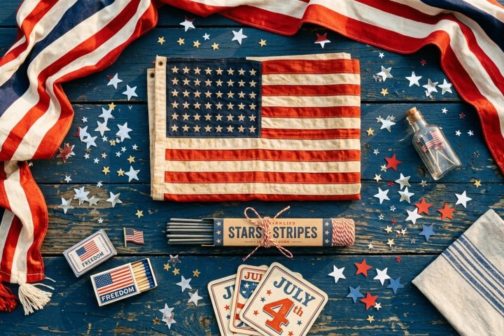 American flag, sparklers, matchboxes, and star confetti on a blue wooden table for Independence Day