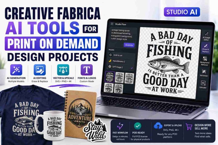 Creative Fabrica AI tools for print on demand design projects shown in a modern POD workflow dashboard with AI generation and editing features