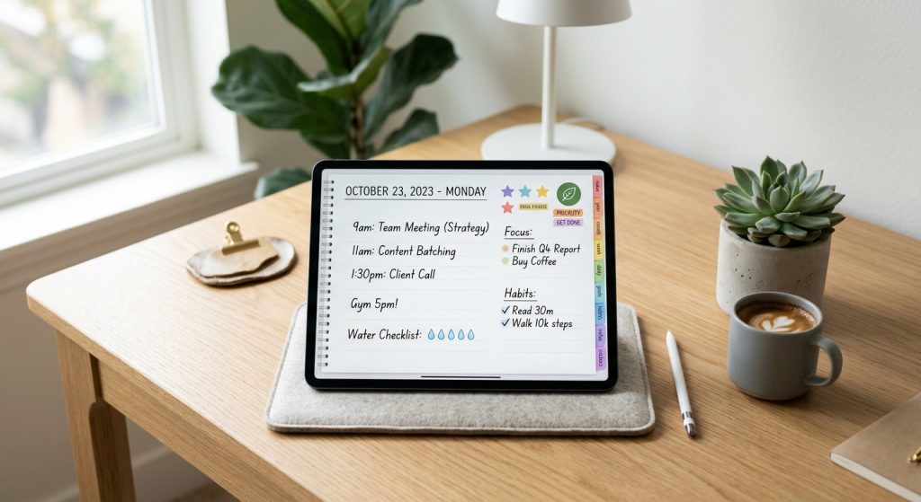 Digital daily planner on a tablet showing a schedule, focus tasks, and habit tracker