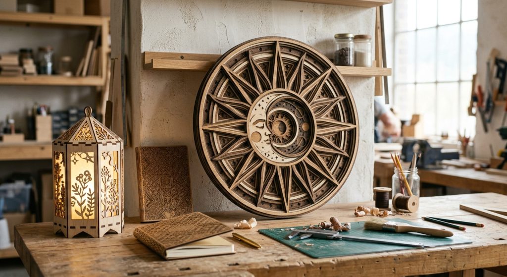 Intricate layered wooden sun and moon wall art and a lit lantern on a workbench in a woodworking studio