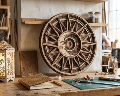 Intricate layered wooden sun and moon wall art and a lit lantern on a workbench in a woodworking studio
