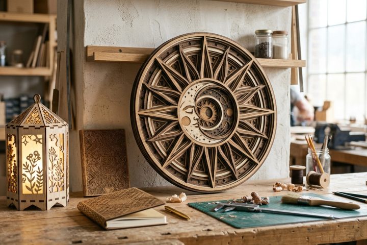 Intricate layered wooden sun and moon wall art and a lit lantern on a workbench in a woodworking studio