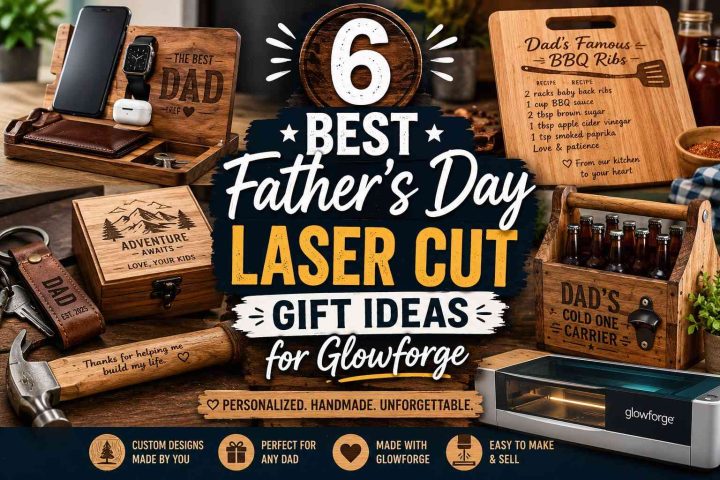 Father’s Day laser cut gift ideas made with Glowforge including engraved wooden gifts, docking station, beer caddy, recipe cutting board, leather keychain, and custom hammer