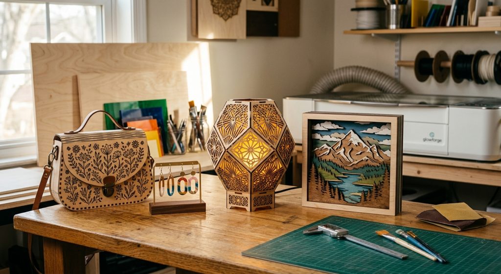 Laser-cut crafts on a workbench: a floral handbag, earrings, a glowing geometric lamp, and layered mountain art