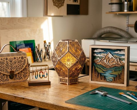 Laser-cut crafts on a workbench: a floral handbag, earrings, a glowing geometric lamp, and layered mountain art
