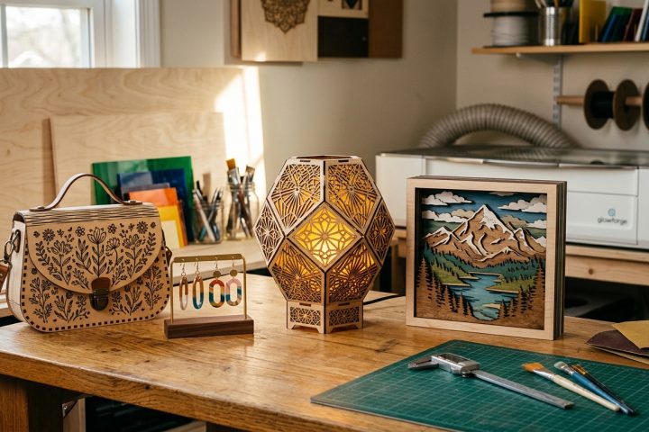 Laser-cut crafts on a workbench: a floral handbag, earrings, a glowing geometric lamp, and layered mountain art