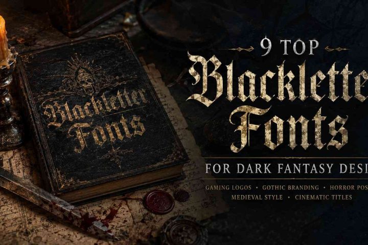 Collection of blackletter fonts for dark fantasy design featuring gothic typography, medieval lettering, fantasy gaming logos, horror branding, and cinematic gothic aesthetics