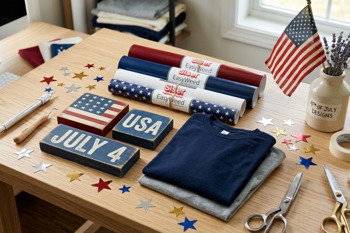 Siser EasyWeed vinyl rolls in patriotic colours, wooden July 4th signs, t-shirts, and crafting tools on a desk