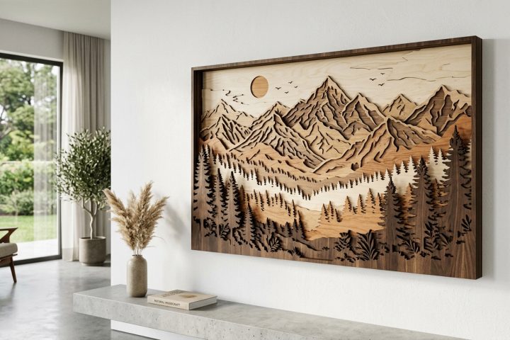 3D layered wooden wall art of a mountain range and forest hanging in a modern interior