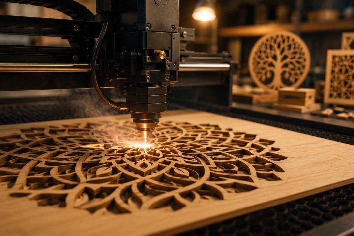 Laser cutting machine engraving a detailed design on wood, showcasing the precision of SVG files for laser cutting.