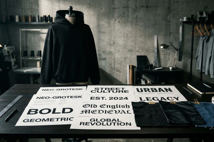 A fashion design studio with a black hoodie on a mannequin and posters displaying various typography styles on a desk