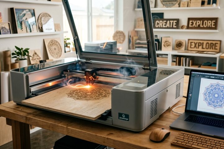 A laser cutter engraving an intricate mandala design onto a wooden board in a craft workshop