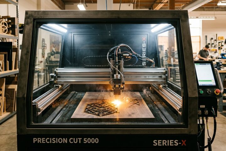 A wide-angle, editorial-style photograph of a high-end, industrial-grade enclosed laser cutting machine in a modern, professional workshop. The machine features a sleek, heavy-duty frame with a transparent protective window revealing a sophisticated internal motion system with polished linear rails and high-quality optics. Inside the illuminated workspace, a precise laser head is rapidly cutting an intricate geometric pattern into a thick sheet of dark hardwood, creating a bright, concentrated amber glow at the point of contact. The surrounding environment is a clean, well-organized maker space with soft, cinematic lighting and a shallow depth of field that blurs the background shelves of finished wood and acrylic products. The image emphasizes precision, high-tech engineering, and robust build quality.