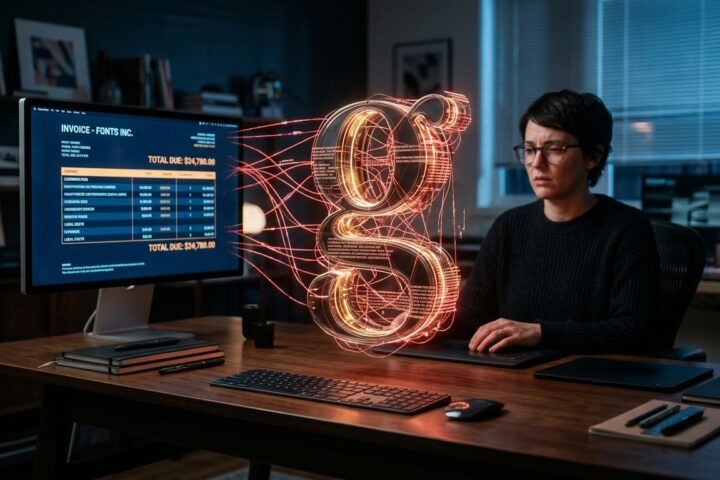 A woman looks at a computer screen showing a $24,780 invoice for fonts, with a glowing 3D letter g floating in the air