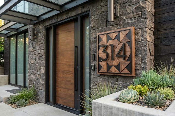 An editorial architectural photograph of a modern, multi-layered house number plaque mounted on a contemporary home's textured exterior wall. The sign is a masterpiece of laser-cut craftsmanship, featuring a geometric, quilt-inspired background of layered natural walnut wood and matte black acrylic. The bold, minimalist numerals are raised to create depth and elegant shadows in the soft afternoon light. The surrounding setting includes a clean-lined entryway with a glimpse of a sleek built-in planter containing vibrant green succulents, emphasizing a sophisticated balance of functionality and modern design.