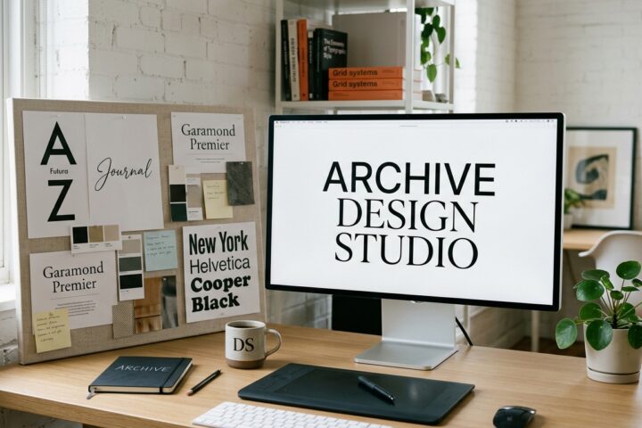 Archive Design Studio logo on a computer monitor in a bright workspace with a typography mood board