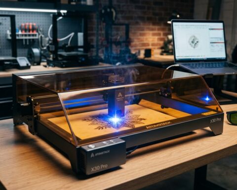 Atomstack X30 Pro laser engraver in a workshop, engraving a detailed mandala pattern onto a piece of wood