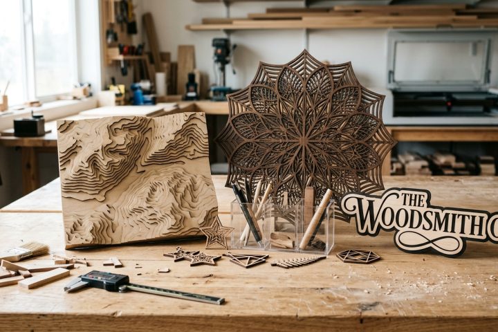 Intricate laser-cut wooden art, including a topographic map and mandala, on a workbench with The Woodsmith Co. sign