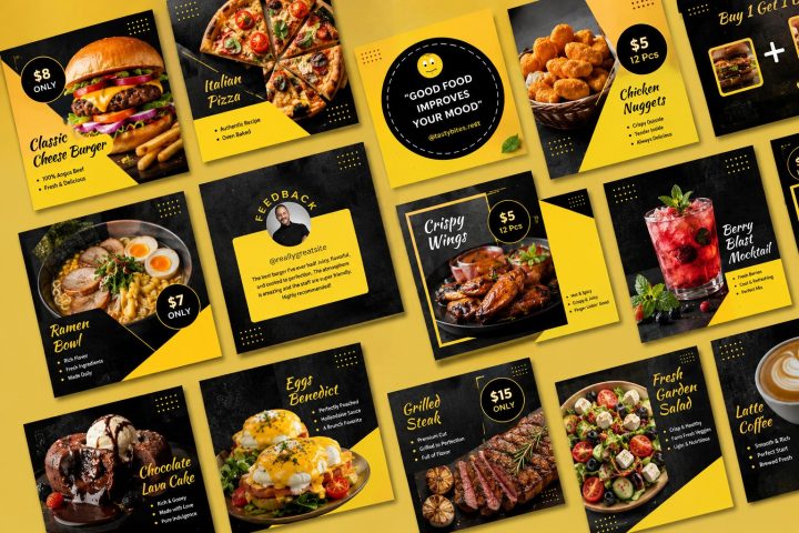 A collection of yellow and black social media post templates for a restaurant, featuring various food and drink items