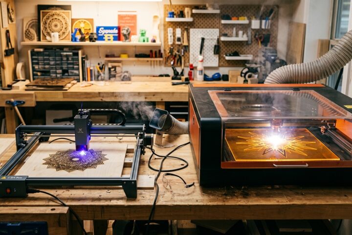Two laser cutters in a workshop engraving a wooden mandala and cutting a starburst pattern in orange acrylic