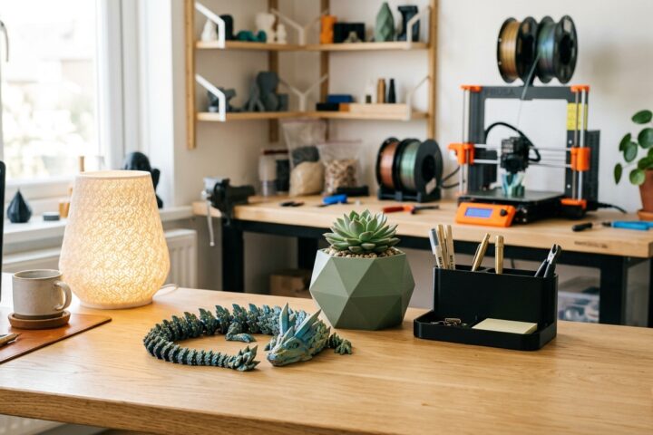 A 3D printing workspace with a laptop, an articulated dragon, a geometric planter, and a 3D printer in the background