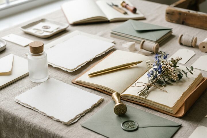 Stationery set with cream and sage green envelopes, open notebooks, a gold pen, and dried flowers on a linen surface