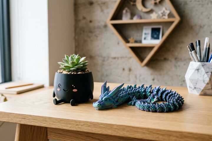 Wooden desk with a succulent in a black pot with a smiley face and a blue and purple 3D-printed dragon
