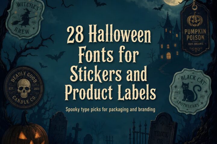 Haunted house scene with Halloween-themed labels and fonts.