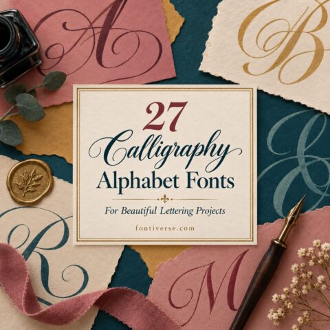 Calligraphy alphabet fonts sample with decorative letters A, B, R, M on torn paper and calligraphy pen
